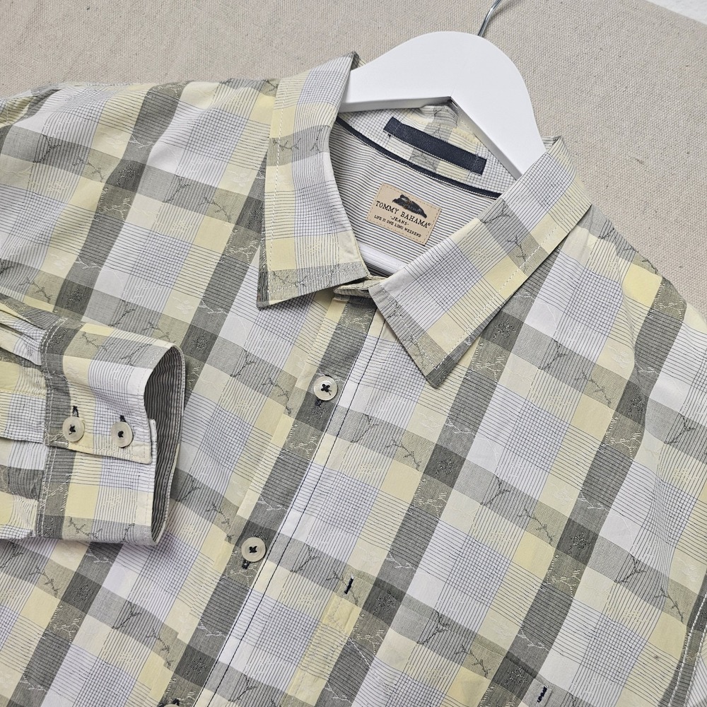 Tommy Bahama Jeans Men's XL Yellow Gray Island‎ Crafted Long Sleeve Plaid Shirt